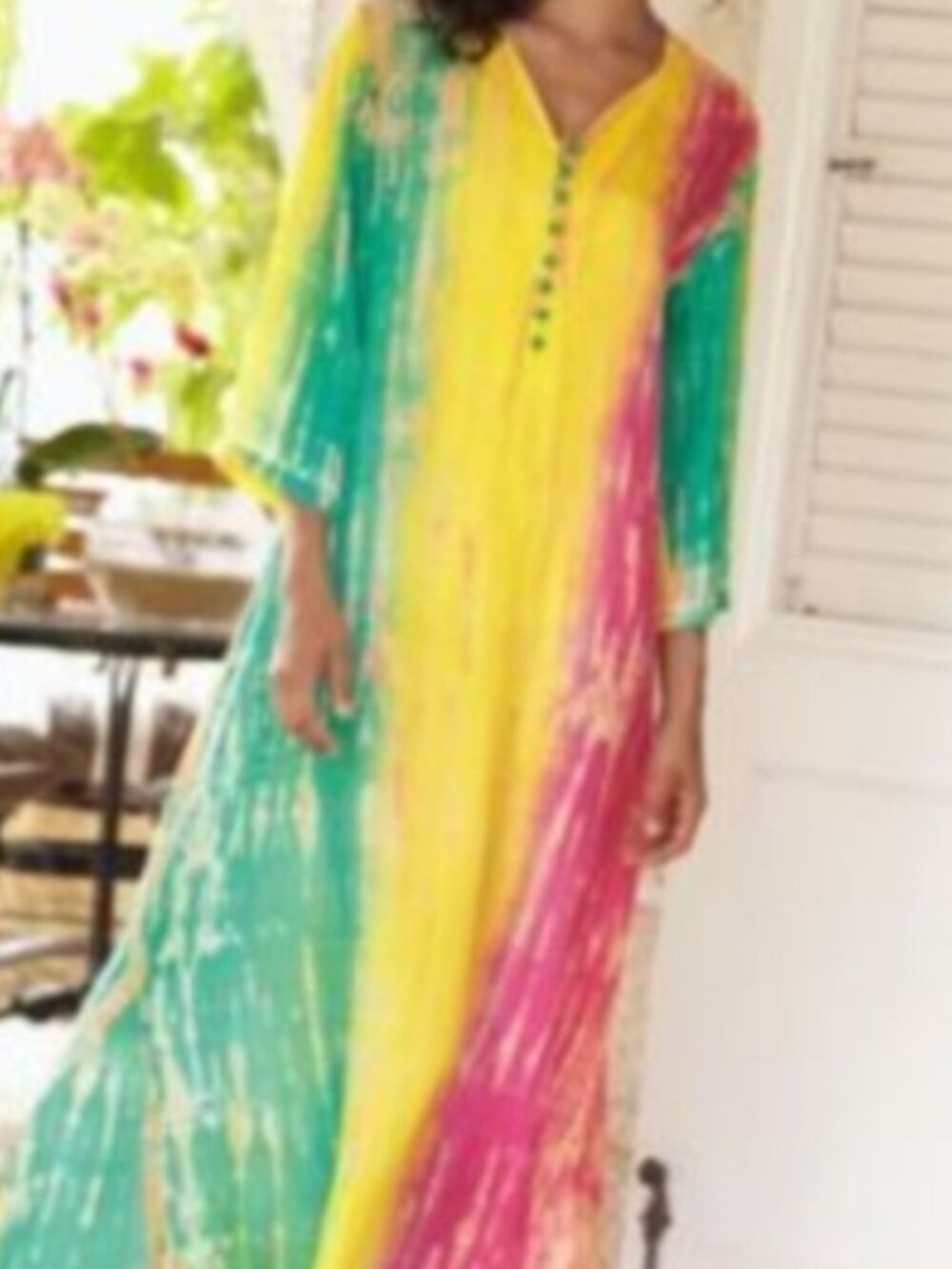 Women's Soft Surroundings Sparkling Yellow Green Silk Santiago Caftan Dress PM